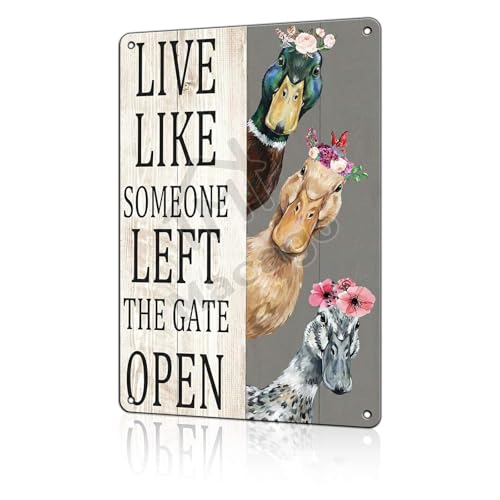 macago Funny Duck Metal Tin Sign - Live Like Someone Left The Gate Open - Rustic Lake House Bathroom Wall Decor - Cute Mallard Farm Animal Art 8x12 inch