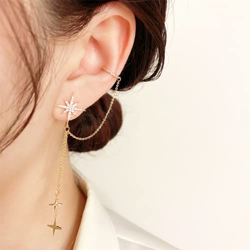 Sonateomber Gold Ear Cuff Star Dangle Long Chain Drop Earrings For Women Teen Girls - Trendy Cute Eight-Pointed Angel Star Asymmetrical Stud Non Piercing Cartilage Crawler Wrap Jewelry Gifts #TOP1