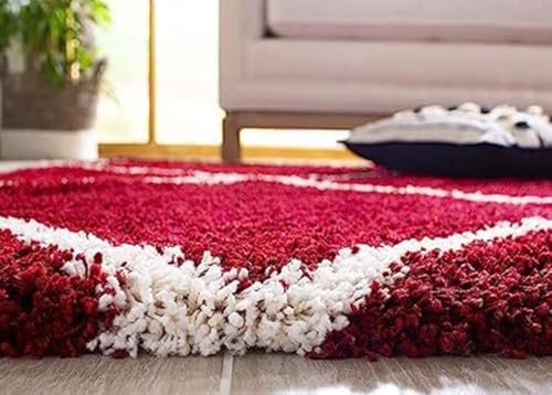 Image of Polyester Fluffy Fur Rugs & Modern Shaggy Floor Carpets for Living Room,Sofa Area,Hall,Kids Room,Guest Room | Elegent Bedside Runners for Besdroom(5X8 Feet Red Mandir)