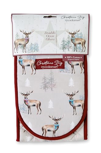 Cooksmart Double Oven Gloves - Heat Resistant Modern Oven Mitt & Potholder for Home Cooking - English Meadows, White