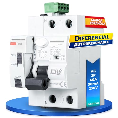 DANTIVO Diferencial Auto Rearmable 40A 30mA Tipo AC 2P – Interruptor Diferencial Rearme Automático Carril DIN – Diferencial Autorrearmable Automático Protección Eléctrica