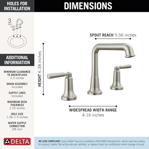 Delta Saylor Brushed Nickel Bathroom Faucet 3 Hole, 8 Inch Widespread Bathroom Sink Faucet for Vanity, Metal Push-Pop Drain Assembly, Stainless 3536-SSMPU-DST by DELTA - Image 4