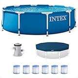 Intex Metal Frame 10' x 2.5' Round Outdoor Swimming Pool Set with 330 GPH Filter Pump, Pool Cover, and Type H Filter Cartridge Replacements, (6 Pack)