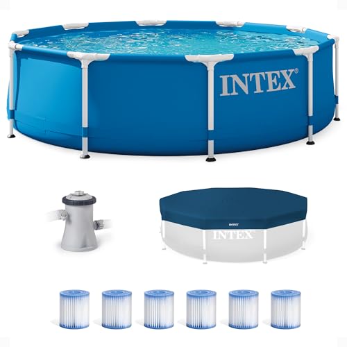 Intex Metal Frame 10' x 2.5' Round Outdoor Swimming Pool Set with 330 GPH Filter Pump, Pool Cover, and Type H Filter Cartridge Replacements, (6 Pack)