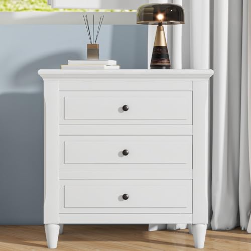 3-Drawer White Nightstand, Modern Nightstand Beside Table Small Drasser Wood