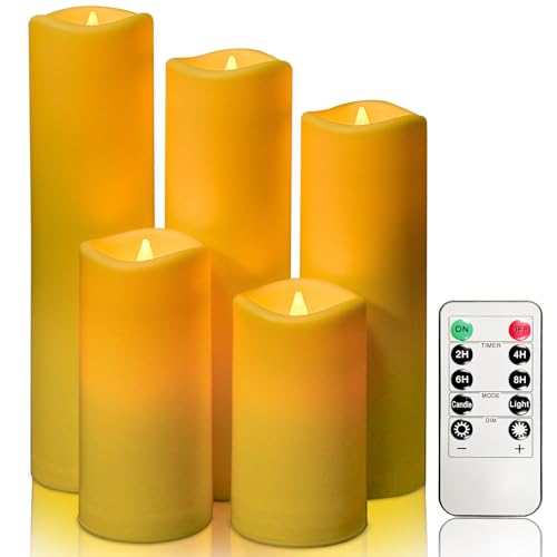 YIWER Wasserdicht LED flammenlose Kerzen,Outdoor Indoor batteriebetriebene flackernde Kerzen mit Remote-Timer,Elfenbein Kunststoff Satz von 5 D2,2xH4 5 7 8 9für Party-Dekoration