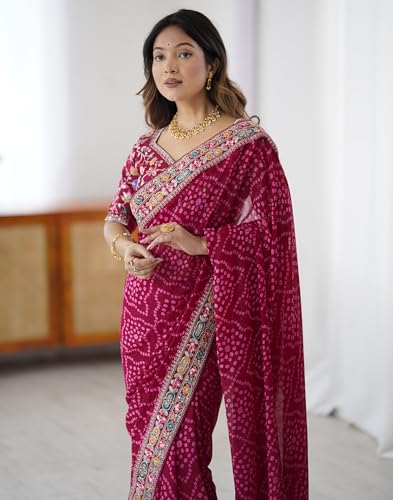 Image of SIRIL Women's Georgette Bandhani Printed Saree with Unstitched Blouse Piece