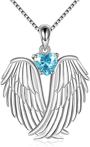 YAFEINI Angel Wings Birthstone Necklace 925 Sterling Silver Guardian Angel Pendant Necklace Wings Birthstone Jewellery for Women Girls Christmas Gifts