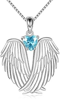 YAFEINI Angel Wings Birthstone Necklace 925 Sterling Silver Guardian Angel Pendant Necklace Wings Birthstone Jewellery for Women Girls Christmas Gifts
