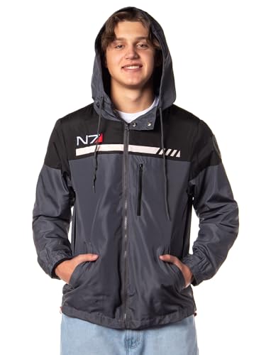 Bioworld Mass Effect Men's N7 Logo Special Tactics Adult Full Zip Windbreaker Jacket With Hood (Medium)