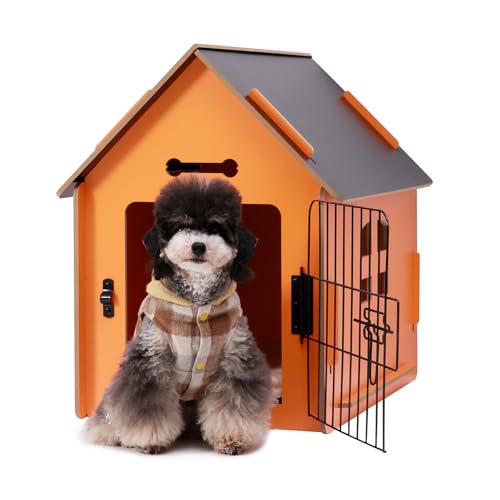 Dog House Indoor for Small Dogs or Cats, Cozy Wooden Design, Small Indoor Bed House, with Air Vents and Elevated Floor Warm Dog Cave (Orange)