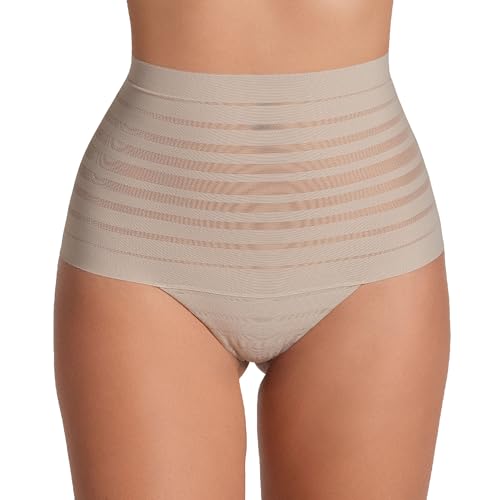 Leonisa Seamless High Waisted Thong Panty with Lace Stripe for Women - Slimming Tummy Control Underwear