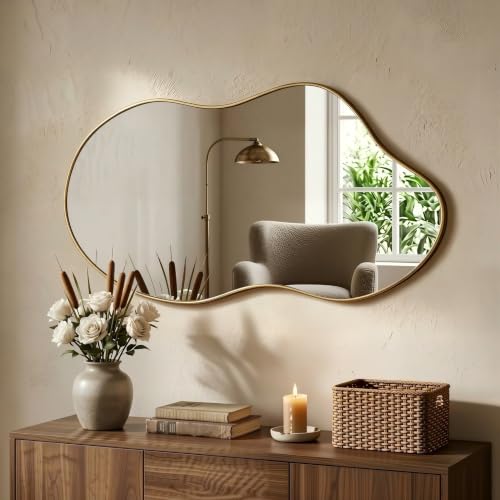 Image of Irregular Wall Mirror 20x36 Inch Wall Mirrors Decor Gold Asymmetrical | Modern Abstract Mirror for Bathroom Bedroom Living Room Entryway Hallway