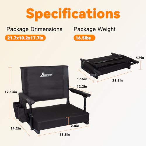 Romswi 2-Pack 2.8\" Thick Stadium Seats with Back Support & Armrests, Lightweight Bleacher Chairs with 2 Cup Holders, Portable for Football Games & Events, Support Up to 400lbs, Black