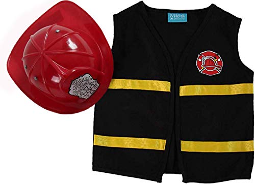 Kids Black Fireman Costume Pretend Play Vest & Red Hat Set, Size 4/6