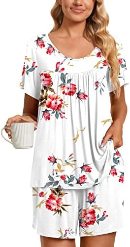 TAOHUADAO Womens Summer 2 Piece Pajama Sets, Short Sleeve Pleated Tunic Tops with Comfy Shorts, Lounge Sleepwear Ladies Pjs Sets with Pockets 3XL, Floral White