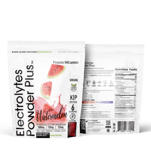 PowderVitamin Electrolytes Powder Plus (100 Servings) Watermelon Electrolyte Powder Zero Calorie Keto,0 Sugar, No Maltodextrin,1000mg Potassium,120mg Calcium,120mg Magnesium, Energy Hydration Powder
