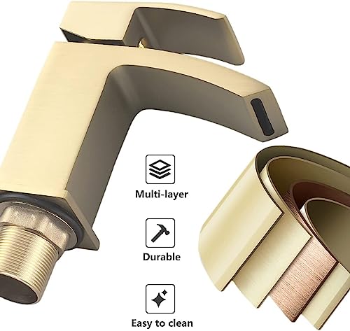 Luckyhome Brushed Gold Basin Taps with Waste Bathroom Waterfall Basin Taps Mixer Faucet, N-gold - Image 3