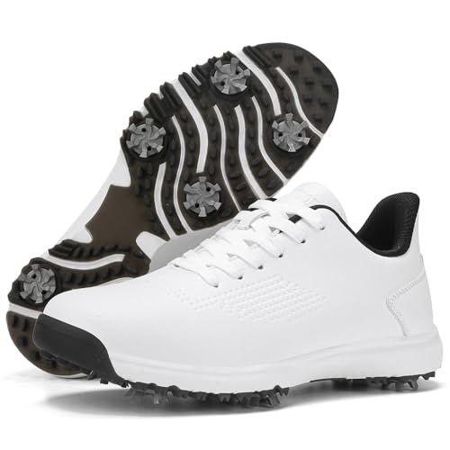 CIVHOM Men's Golf Shoes with Spikes, Suitable for Greens & Outdoor Grass, Waterproof & Slip-Resistant Golf Footwear for Men & Women(A8002_39, White)