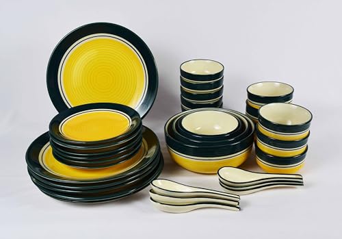 Image of Ceramic Dinner Set of 34 Pieces- Premium Marigold Collection | Chipproof Handpainted Stoneware Ceramic Set l | Lead and Cadmium Free,Food Grade Quality (Marigold Yellow Green, 34)