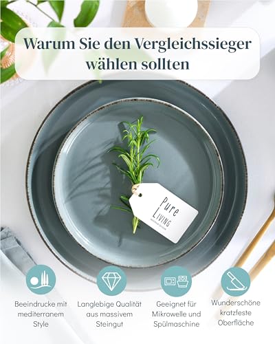 Steingut Geschirrset 6 Personen Rustic 24 tlg. TESTSIEGER, Hochwertiges Landhaussttil Steingut Geschirr Set, Schüssel- und Teller Set, Tafelservice 6 Personen, Geschirrsets Pure Living in Rauchblau