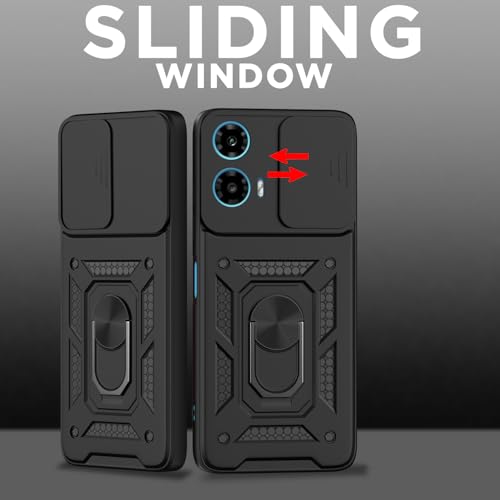Image of Pikkme Back Cover for Motorola Moto G34 / G45 5G | 360 Protection Case | Sliding Camera Shield Cover & Ring Holder Stand D10 Tough Armor Bumper Case (Black)