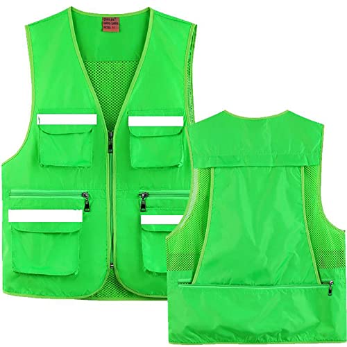 ZHANGQI Reflektierende Sicherheitsweste Mit Multifunktionalen Taschen, Lockere Cargoweste, Ärmellose Weste Für Herren (Color : Green, Size : M) Cover