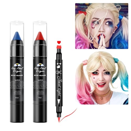 Face Paint Kit for Halloween Harley Quinn Cosplay Party Makeup for Women Girls Red & Blue Face Body Painting Cream Blendable Sticks Red Liquid Eyeliner Stamp Pen Accessories Set
