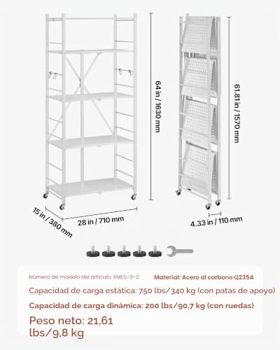 Miniatura 3 de Vevor Estante De Almacenamiento Plegable De 5 Niveles Con Ruedas 71 X 38 X 163 Cm Estantería Metálica Móvil Resistente, Sin Necesidad De Ensamblaje, Organizador Para Garaje, Cocina, Sótano, Blanco
