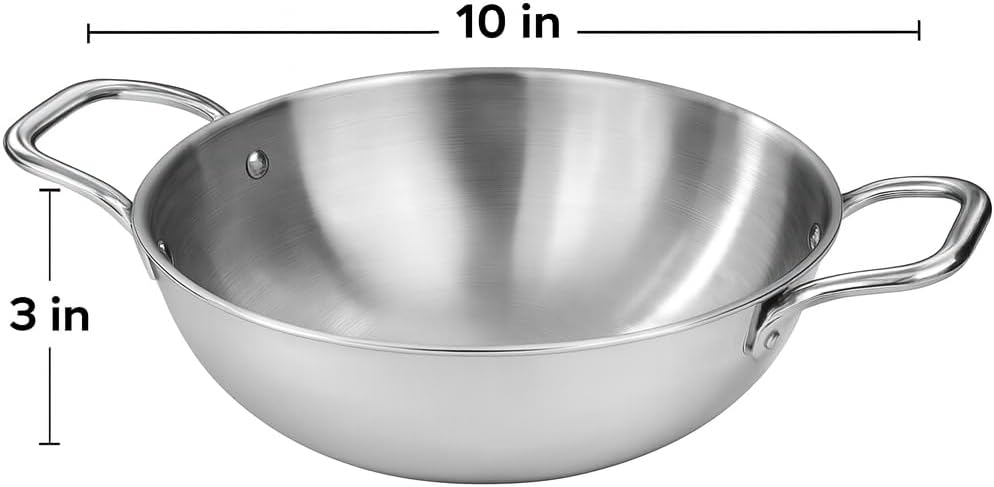 Tri-Ply Stainless Steel Deep Kadai 24 cm | 3-Layer Aluminum Core Construction for Even Heat Distribution Gas & Induction Compatible Rust-Free Cookware Pan with Dual Handles for Curry & Deep Frying