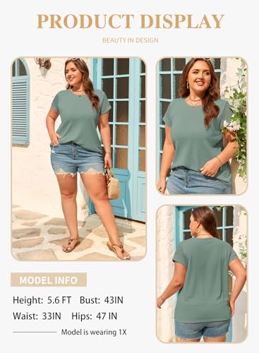 Image of Eytino Plus Size Tops for Women Waffle Knit T-Shirts Round Neck Short Sleeve Casual Loose Basic Tee Blouses(1X-5X)