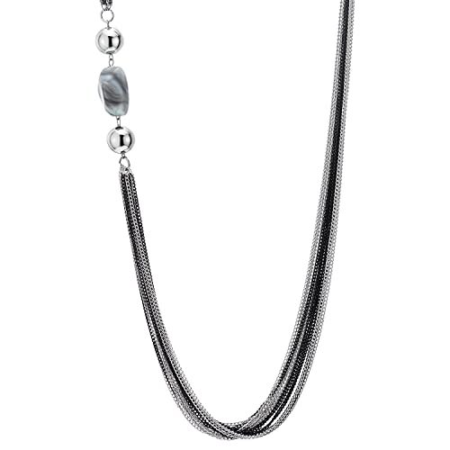 Coolsteelandbeyond FPCC-F7P83-RE Bead Statement Necklace, Silver Black Multi-Strand Layered Long Chains thumb #2