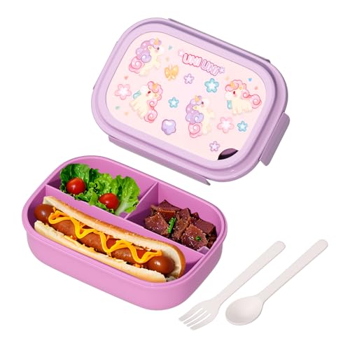 HSXMN Bento Lunch Box with Kids & Children, Stackable Lunchbox Container with 3-Compartment, Durable for On-the-Go Meal, BPA-Free and Food-Safe Materials (Purple)