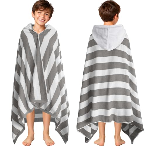 VOOVA & MOVAS Dark Gray Striped Hooded Bath Towels for Teens/Big Kids (8 Years Up) Soft Absorbent 100% Cotton Thick Towel Wrap Versatile Beach Pool Swim & Bath Cover-Up