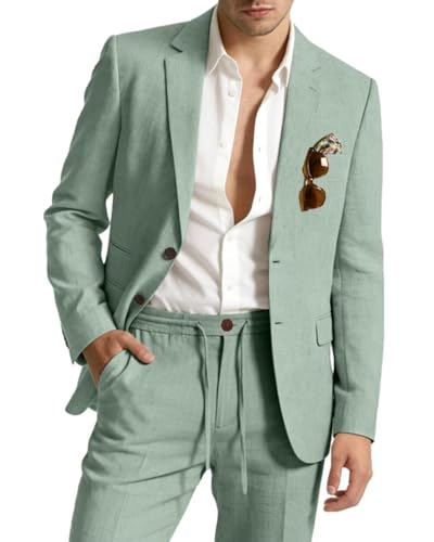 Linen Mens Suits Slim Fit 2 Piece Retro Lightweight Light Sage Green Suit for Men Tuxedo Summer Vacation Beach Linen Jackets Blazers Drawstring Pants Set Size S
