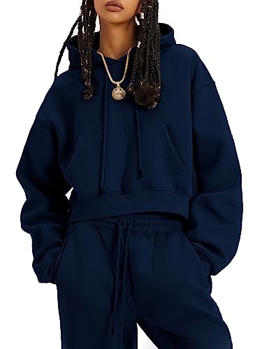 Flygo Womens Fleece 2 Piece Outfits Sweatsuit Crop Pullover Sweatshirt Joggers Pants Tracksuit Set