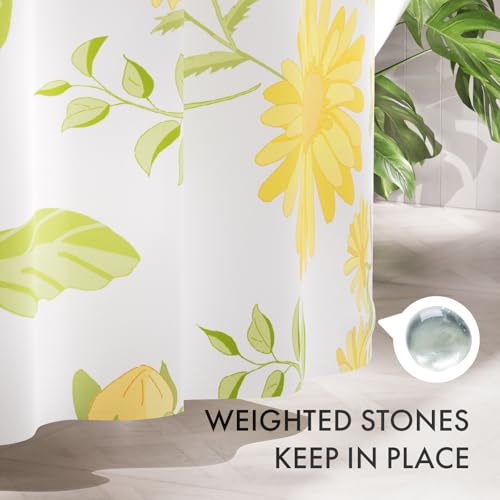 Image of AmazerBath Floral Shower Curtain, Washable Cloth Shower Curtain Sets with 12 Shower Curtain Hooks, Fabric Rustic Yellow Gerbera Flower Eucalyptus Fall Shower Curtains for Bathroom Decor, 72x72 Inches