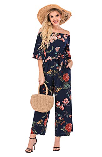 Love Welove Fashion Women's Summer Floral Off Shoulder Ruffled Short Sleeve High Waist Wide Leg Pants Casual Loose Jumpsuit Romper (S, Navy Floral) #TOP6