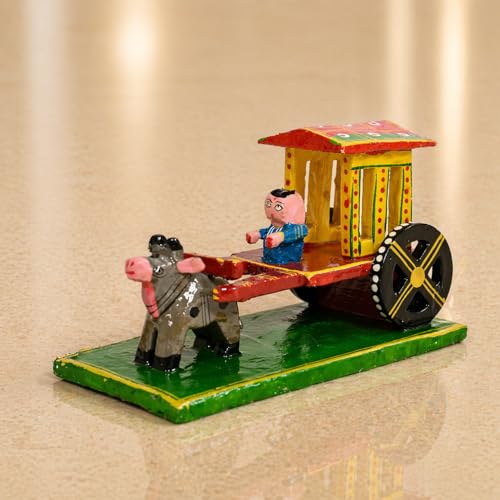 LOVENSPIRE Indian Wooden Bullock Cart Decor Kondapalli Hand Painted Golu Decoration Showpiece for Home Living Room Shelf Display Table Decor Gifting Item