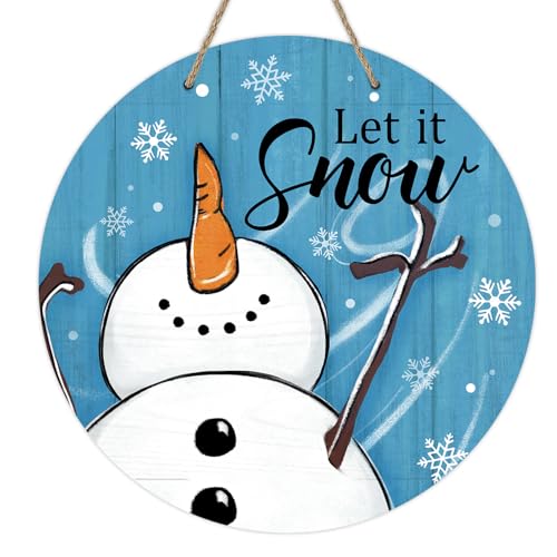 Deroro Winter Snowman Blue Front Door Sign, Let It Snow Farmhouse Wood Door Hanger Outdoor Outside Porch Decor, Christmas Seasonal Snowflake Wooden Wreath Indoor Wall Hanging Decoration