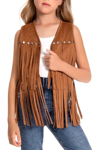 SEAUR Cowboy Weste Mädchen Western Fransenweste Hippie Fransen Weste Nieten Kunstleder 60er 70er Outfit Kinder 9-10 Jahre