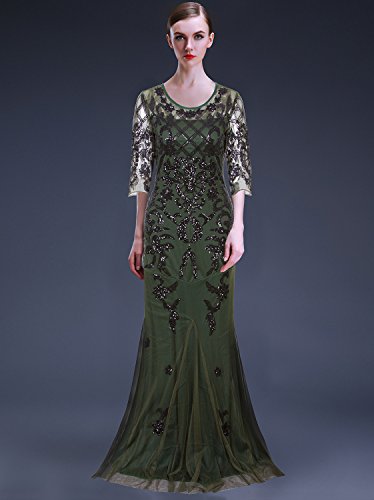 Vijiv Vintage 1920s Long Wedding Prom Dresses 2/3 Sleeve Sequin Party Evening Gown,Green,Small - Thumbnail 2