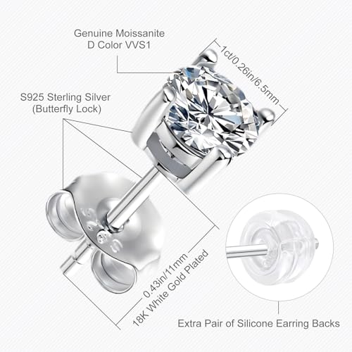 Ve Celestelle Moissanite Stud Earrings, 925 Sterling Silver, 18K White Gold Plated, Round Cut (2 Carat-(1ct*2)-6.5mm) — view 6