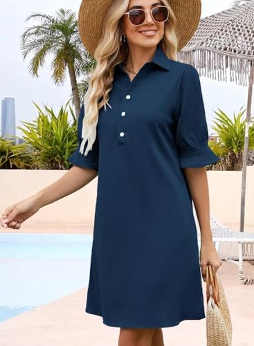 Wkior Women's Casual Shirt Dress Button Down Ruffle Sleeve Shift Summer Mini Dresses with Pockets3