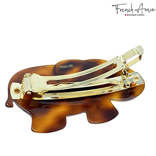 French Amie Elephant Crystal Tortoise Shell Brown 3 1/4” Celluloid Acetate Handmade Automatic Hair Clip Barrette With No Slip Sturdy Silver Clasp For Women And Girls, Made In France #TOP3