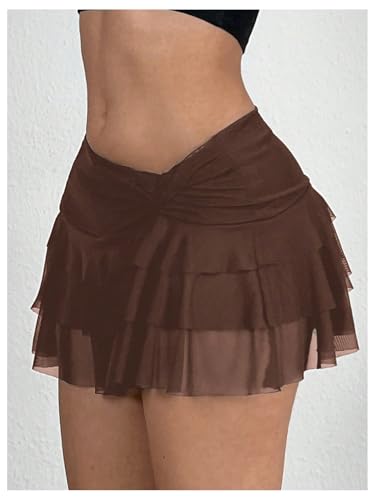 Women's Y2k Lace Mini Skirt Layered Ruffle Low Rise Flowy Short Skirt Ruched Cake Skirt3