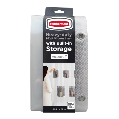 Image of Rubbermaid Frosty Waterproof Shower Curtain Liner with 5 Storage Pockets, Heavyweight 8g PEVA Shower Liner for Bathroom, with Black Rustproof Grommets and Pockets, 70x72, Standard Size, Frosty