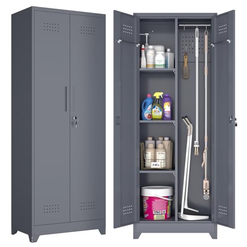 GREATMEET Broom Closet Cabinet with Pegboard and Hanging Rod