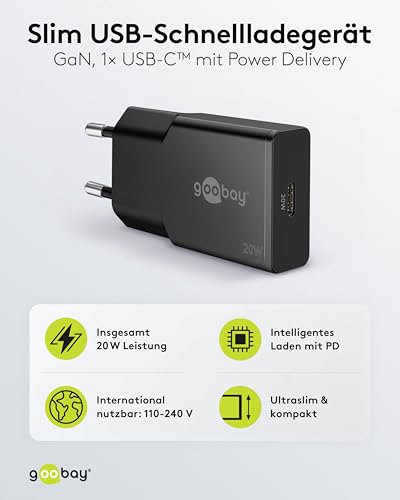 goobay USB-C PD GaN snellader Slim (20 W) zwart voor reizigers - Samsung, USB-C voeding, oplaadkabel, snellaadkabel - compatibel met smartphones en tablets - 75727 - Afbeelding 3