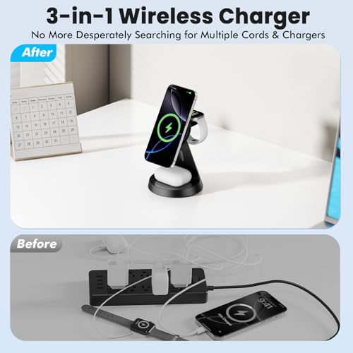 Image of Digiroot Wireless Charger for iPhone- 3 in 1 Charging Station for iPhone 16 /15 /14 /13 /12 /Pro Max /Pro /Mini /Plus, for Apple-Watch 10 /9 /8 /7 /SE /6 /5 /4 /3 /2 /1 /Ultra2 /Ultra, Charging for Airpods pro /2 /3 /4